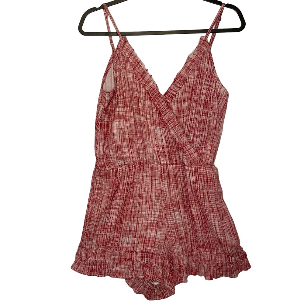 En Creme Red Plaid Romper with Ruffle Hem